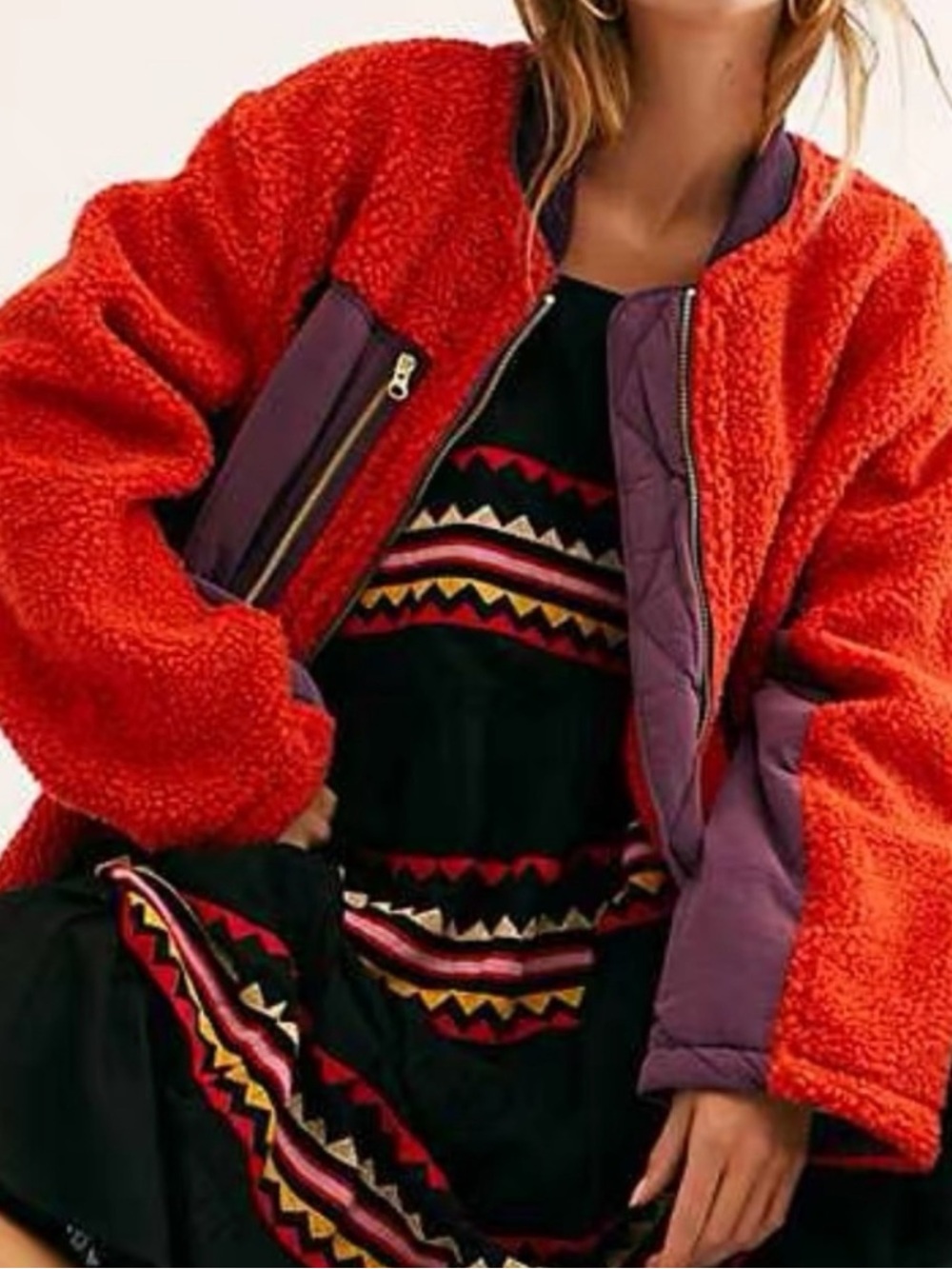Free People | Red + Purole Sherpa Bomber Jacket | Size Medium (M)